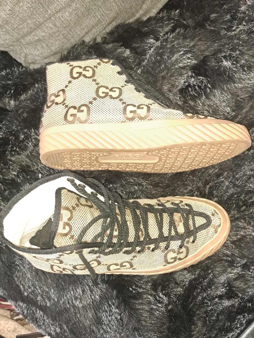 Gucci Beige GG Canvas High-Top Sneakers with Black Laces